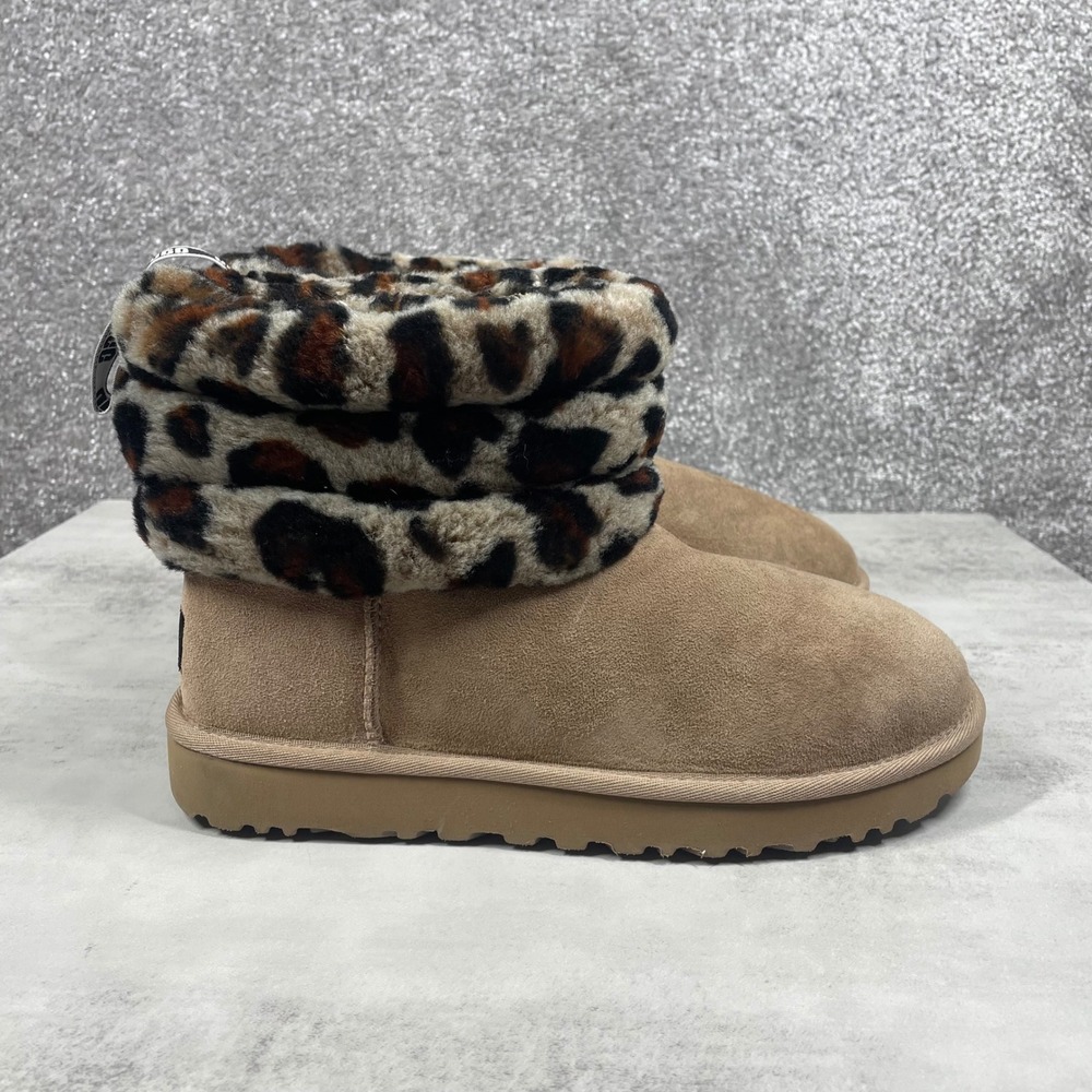UGG Boots Womens 8 Fluff Mini Quilted Leopard Short Chestnut Tan Sheepskin - Picture 4 of 12